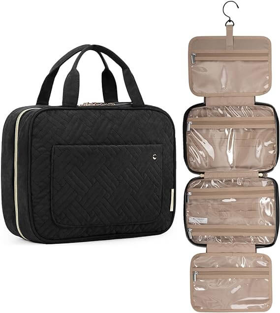 Hanging toiletry bag; black organization bag for solo female travel