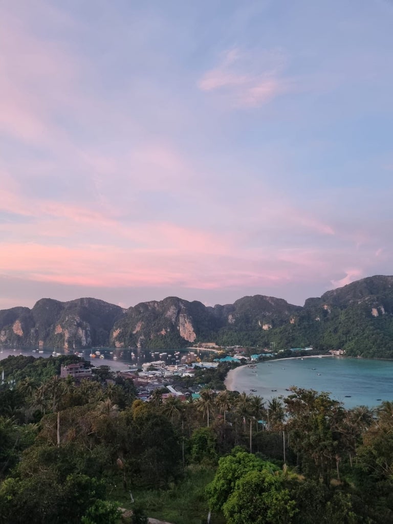 Pink sunset from phi phi island viewpoint in thailand