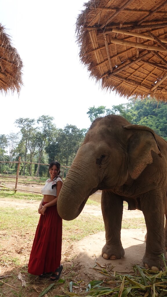 Solo female traveler closely standing next to elephant during her visit to an elephant sanctuary in Chiang Mai Thailand