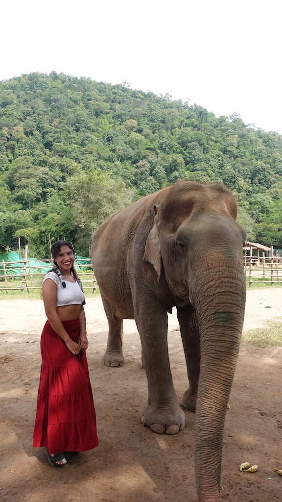 Solo female traveler standing next to elephant while visiting an elephant sanctuary while in Chiang Mai Thailand during her one month in Thailand itinerary