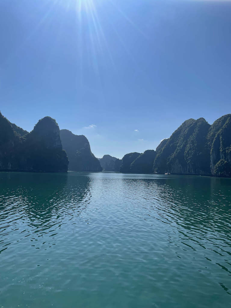 Cat Ba islands and rising limestone cliffs and greenery